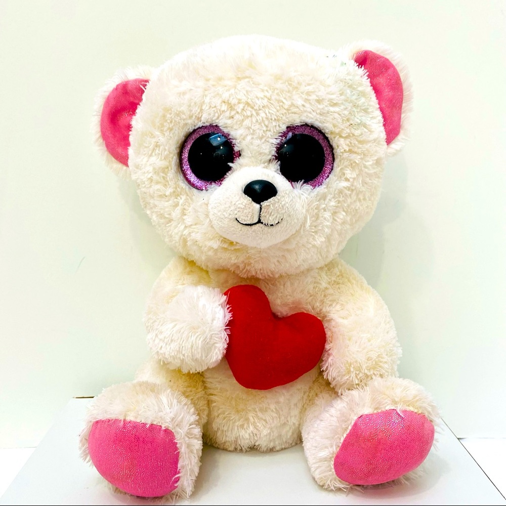 Ty Beanie Boo Sweetly 9”Valentines Bear Big Eyes Pink Glitter Plushy Animal Toy.